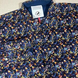 A Fish Named Fred Men's 2XL Button Up Shirt Stretch Jazz Saxophone Trumpet AOP